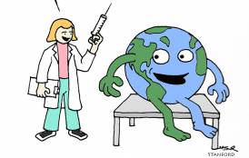 Cartoon image of the Earth receiving an injection 