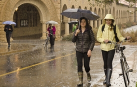 Students walking in the rain