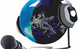 Illustration of the earth with headphones facing a microphone 