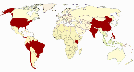 map: world map with the countries discussed in this article highlighted in red.